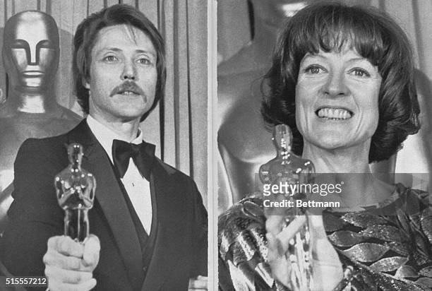 Actors Christopher Walken and Maggie Smith show off the Oscars they won for Best Performance by an Actor in a Supporting Role, and Best Performance...