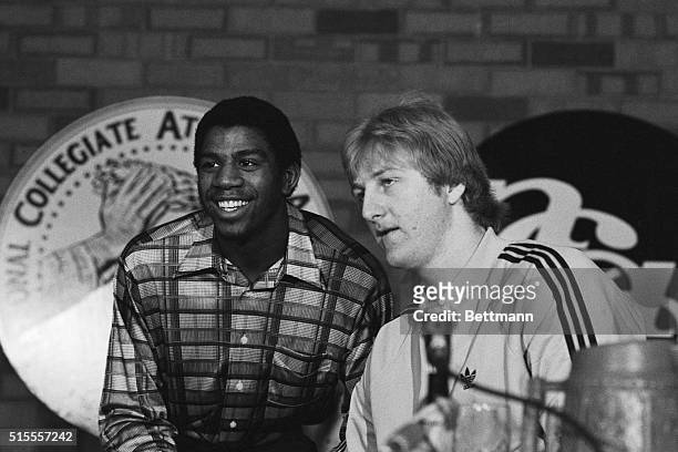 Michigan State guard Earvin Johnson and Indiana State forward Larry Bird answer questions for reporters during a press conference in Salt Lake City,...