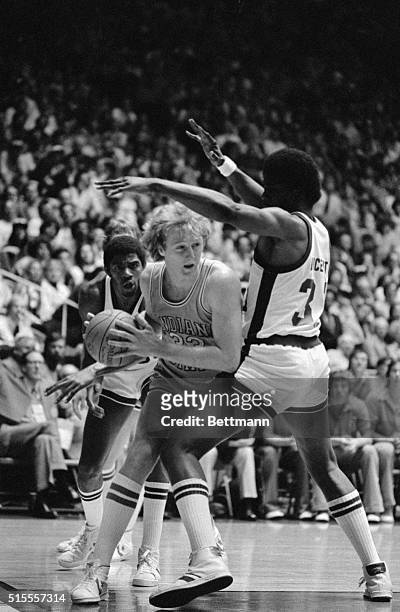 Indiana State star Larry Bird attempts to get around Michigan State forward Jay Vincent during the NCAA Final Four Championship in Salt Lake City,...