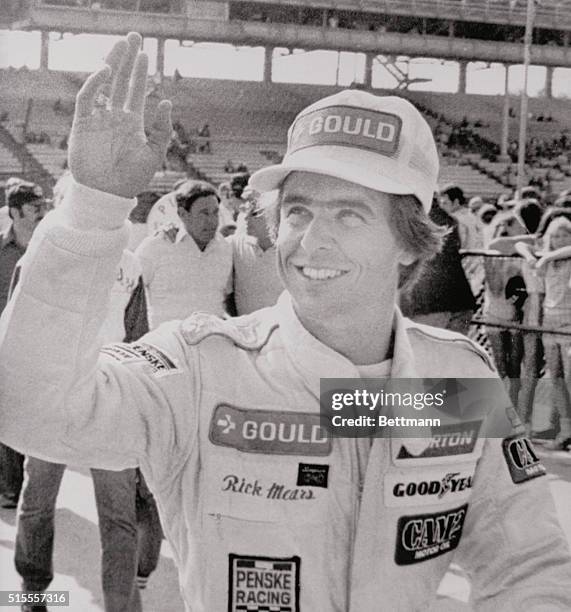 Indianapolis 500 Speedway, Indiana: Rick Mears waves to the crowd after outdistancing some of auto racing's more prestigious names when he snatched...