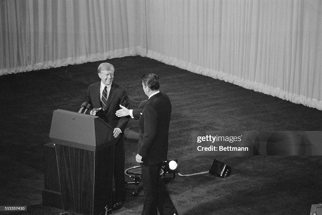 Ronald Reagan and Jimmy Carter Shake Hands Before Debate