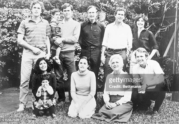 Bush Family Photo. Top, Left to right: Marvin, 22; George, 3; Jeb, 26; George; George W., 33; George's wife, Laura. Bottom, left to right: Jeb's...