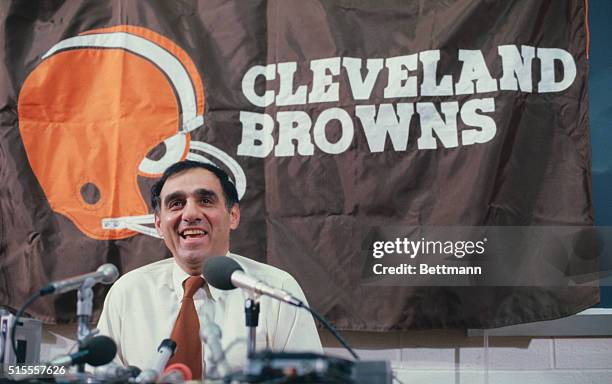 Cleveland Browns head coach, Sam Rutigliano, at press conference after team won AFC Championship.