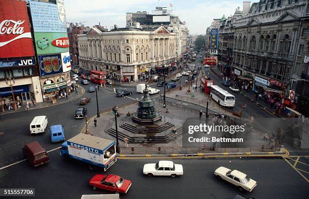Aerial view of Picadilly Circus after cleanup, with the Statue of Eros in the middle.