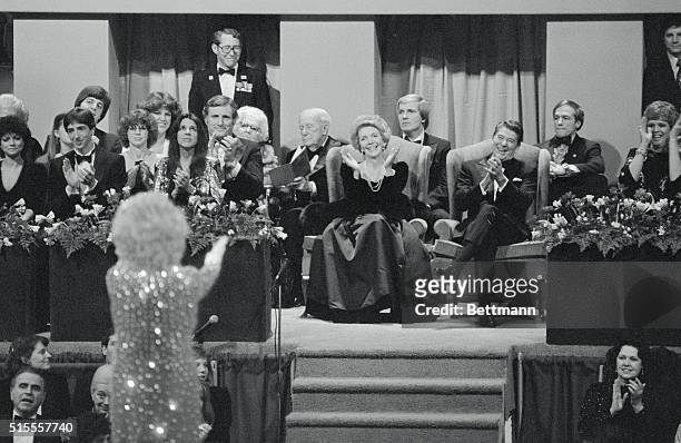 Ethel Merman performs before Ronald and Nancy Reagan at the inaugural gala.