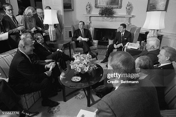 Washington, DC: President Ronald Reagan and Vice President George Bush brief congressional leaders February 18 in the Oval Office on Reagan's plan...