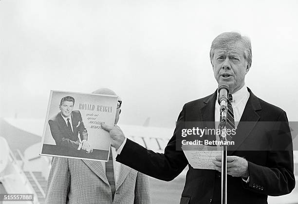Lakeland, Fla.: President Carter continued his assault on Ronald Reagan's past statements on Social Security and Medicaid by producing a 1961 record...