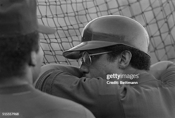 New York Yankee Reggie Jackson is deep in concentration here, before the start of the 2nd game in the American League championship series against he...