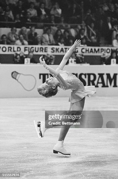 Hartford, Connecticut. Elaine Zayak of Paramus, New Jersey, the United States Champion performs her free style routine in the ladies finals, March 6...