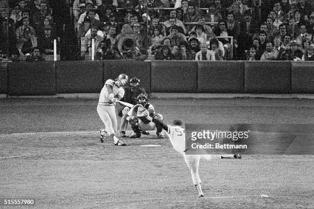 Royals' George Brett connects for a three run homer off Yankee relief ace Goose Gossage in the 7th inning 10/10 to give KC a 4-2 lead in game of the...