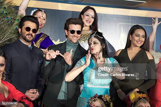 Indian actors Sonakshi Sinha , Anil Kapoor and Hrithik Roshan attend the 17th International Indian Film Academy awards press conference at the Retiro...