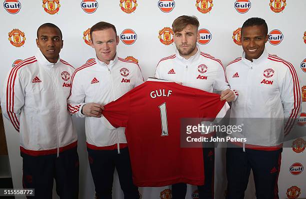 Ashley Young, Wayne Rooney, Luke Shaw and Antonio Valencia of Manchester United attend the launch of a partnership between Manchester United and Gulf...