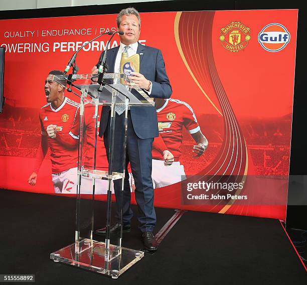Frank Rutten, international vice president of Gulf Oil, speaks at the launch of a partnership between Manchester United and Gulf OIl at Aon Training...