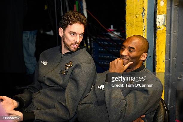 Kobe Bryant of the Western Conference and Pau Gasol of the Eastern Conference talk before the NBA All-Star Game as part of the 2016 NBA All-Star...