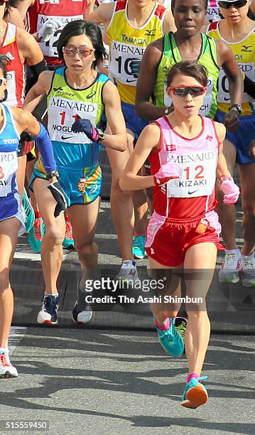 Athens Olympic Women's marathon gold medalist Mizuki Noguchi and Ryoko Kizaki compete during the Nagoya Women's Marathon at the Nagoya Dome on March...