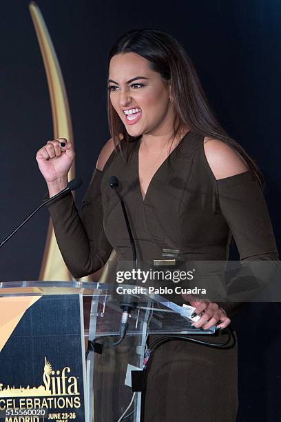 Actress Sonakshi Sinha attends the 17th International Indian Film Academy awards press conference at the Retiro Park on March 14, 2016 in Madrid,...