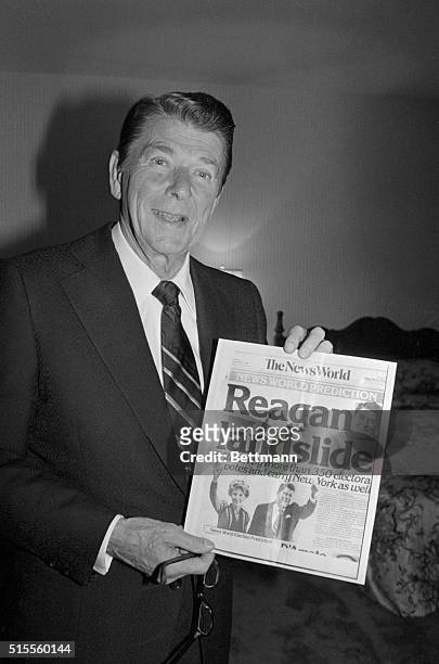 Ronald Reagan beat President Jimmy Carter handily on November 4. Reagan is shown holding a November 4th copy of The News World, predicting his...