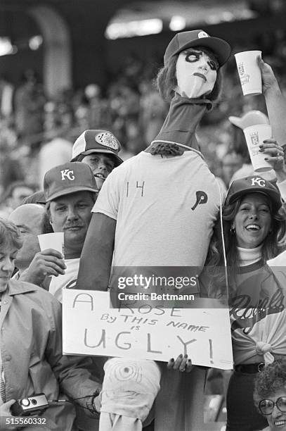 Philadelphian's Pete Rose is hung in effigy by some Kansas City Royals fans before the start of game number five of the World Series.