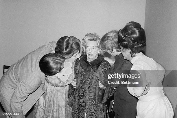 Washington, D.C.: After opening night at the Kennedy Center the cast of The Little Foxes gather around Lillian Hellman backstage. Shown are actor...