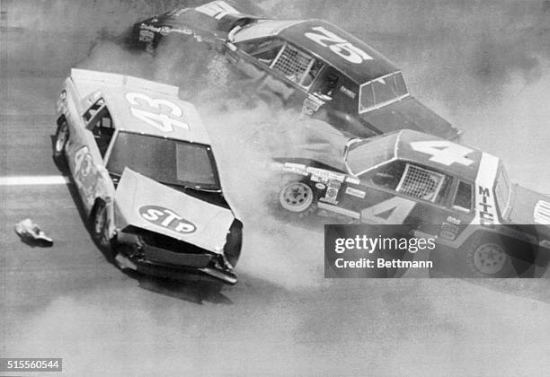 Talladega, Alabama: Harry Bant lost the hood of his car on the second lap going third turn of the Winston, May 3, and hit the retaining wall starting...