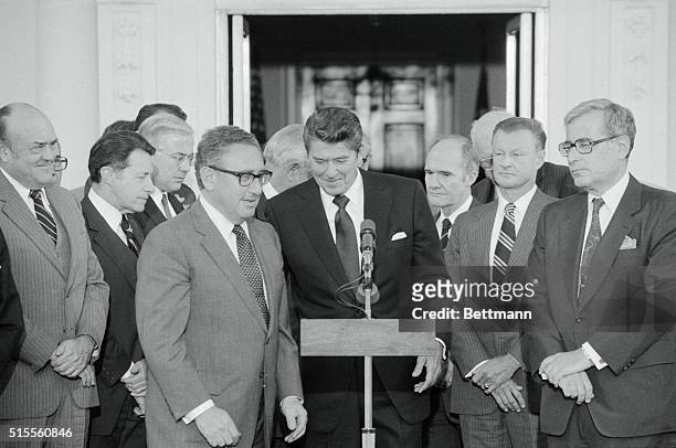 Washington, D.C.: Top ranking officials from six past administrations gather at the White House to endorse President Reagan's bid to sell AWACS radar...