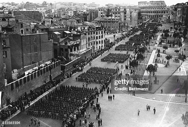 Rome: Duce Opens "Europe's Finest Street." Thousands of Fascisti stride down the Via Dell 'Impero, , in Rome, Italy, after Mussolini had opened...