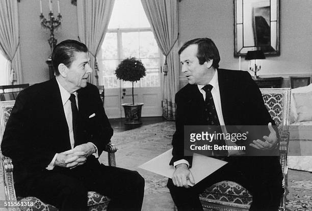 Washington: President Reagan meets with Senate Majority Leader Howard Baker, R-Tenn., at the White House 4/23, to discuss the proposed arms sale to...