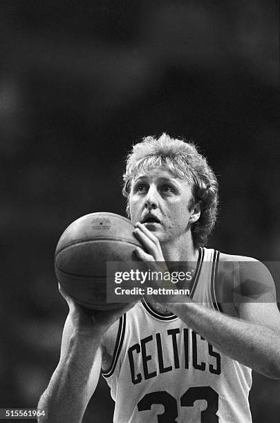 Boston Celtics forward Larry Bird prepares to shoot a free throw during Game 7 of the NBA Championships against the Los Angeles Lakers at the Boston...