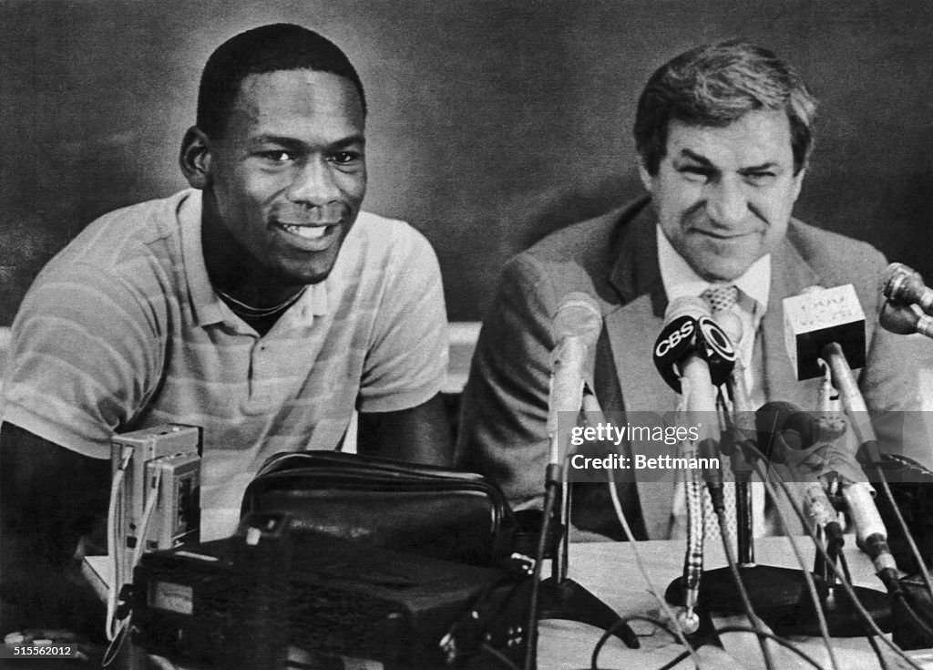 Michael Jordan and Coach Dean Smith at News Conference