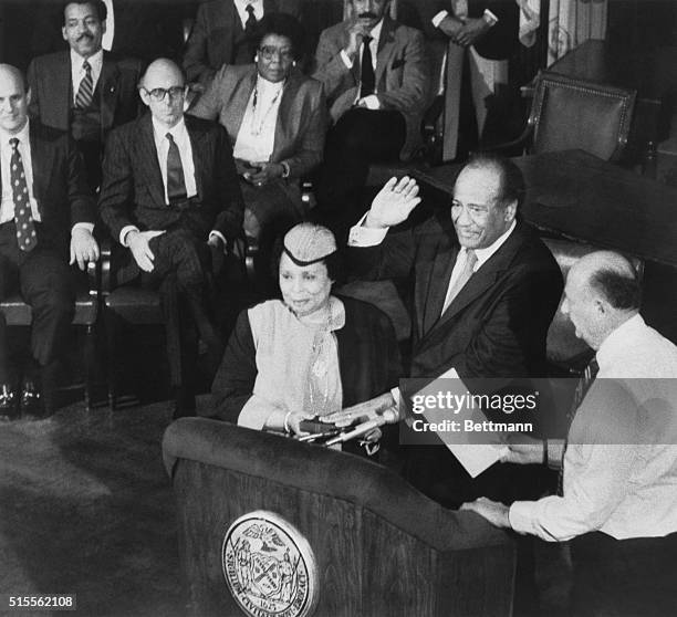 January 5, 1984-New York, New York: Mayor Ed Koch swears in Ben Ward as Police Commissioner.