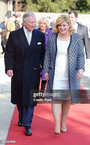 Prince Charles, Prince of Wales is officially welcomed by Croatian President Kolinda Grabar-Kitarovic as he and Camilla, Duchess of Cornwall arrive...