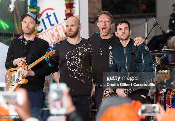 Lead guitarist Jonny Buckland, drummer/backing vocalist Will Champion, singer, songwriter, lead vocalist Chris Martin and bassist Guy Berryman of the...