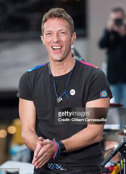 Musician, singer, songwriter, lead vocalist Chris Martin of the band Coldplay performs On NBC's 'Today' at Rockefeller Plaza on March 14, 2016 in New...