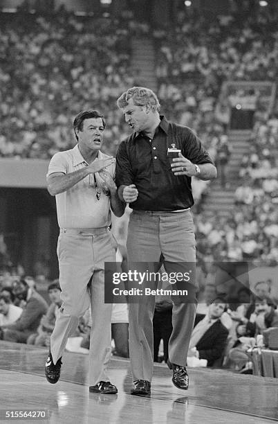 Olympic Team vs. All-Stars. Indianapolis, Indiana: Olympic head coach Bobby Knight gets a technical called on him late in the game, July 9, between...