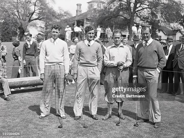 Preparing for Masters Tourney. Henry Picard, John Revolta, Bobby Jones, and Ed Dudley , who are expected to star in the forthcoming annual Master...