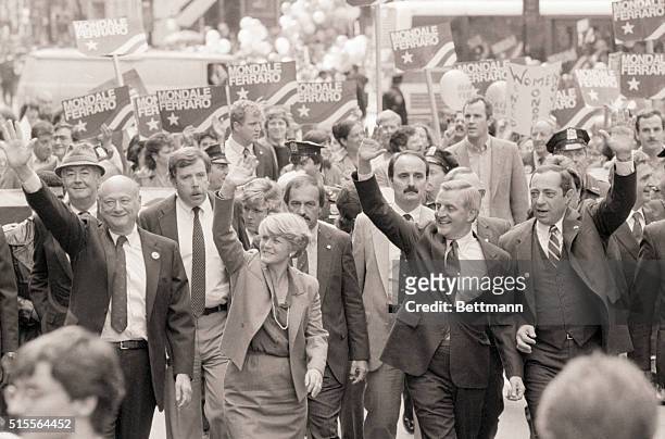 New York, NY- New York City Mayor Ed Koch leads the festivities for Walter Mondale and Geraldine Ferraro as the Democratic standard bearers march up...