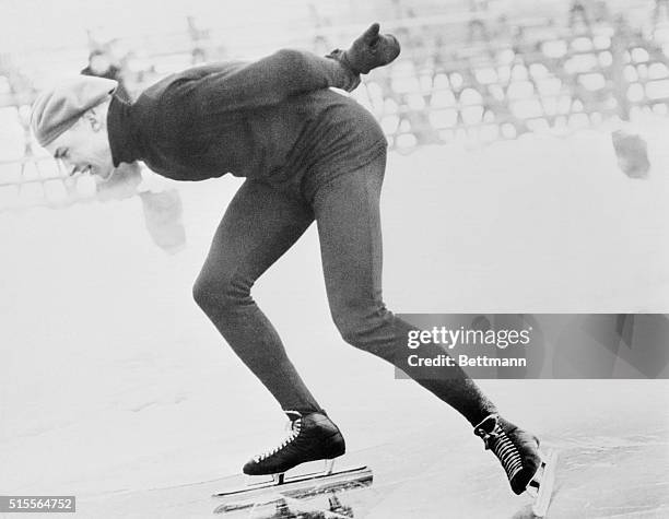 Delbert Lamb of Milwaukee, Wisconsin is shown skating in the 500 meter event in the Olympic trials at Minneapolis. He won with :44.8, taking a place...