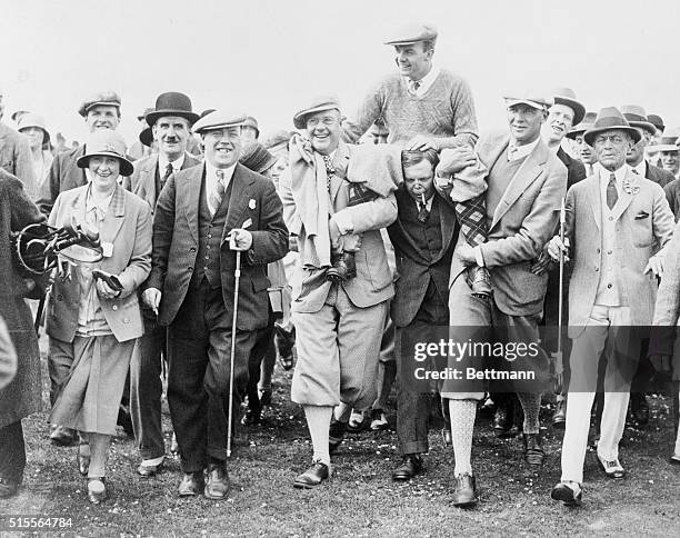 Photo shows Jess Sweetser, the American Walker Cup player being carried off on the shoulders of an enthusiastic crowd after winning the British...