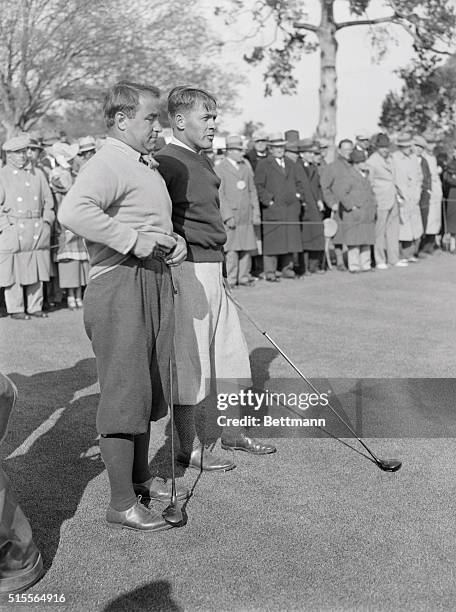 Golfdom's Famous. Augusta, Georgia: An usual photograph of Gene Sarazen and Bobby Jones, both many times champions of the world of golf, taken during...
