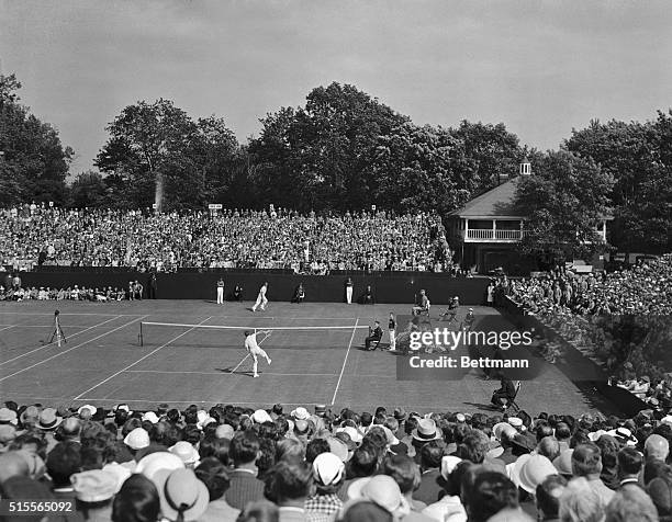 General scene of the court and stands at the Germantown Cricket Club during the match in the Davis Cup series between Donald Budge , lanky...