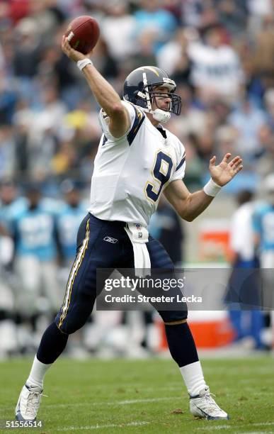 Drew Brees of the San Diego Chargers throws the ball during their game against the Carolina Panthers on October 24, 2004 at Bank of America Stadium...