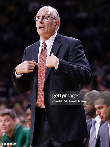 Head coach Jim Larrañaga of the Miami Hurricanes is seen during the game against the Notre Dame Fighting Irish at Purcell Pavilion on March 2, 2016...