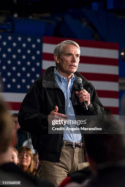 Ohio Senator Rob Portman speaks ahead of Republican presidential candidate Ohio Gov. John Kasich to supporters at a town hall meeting at Brilex...