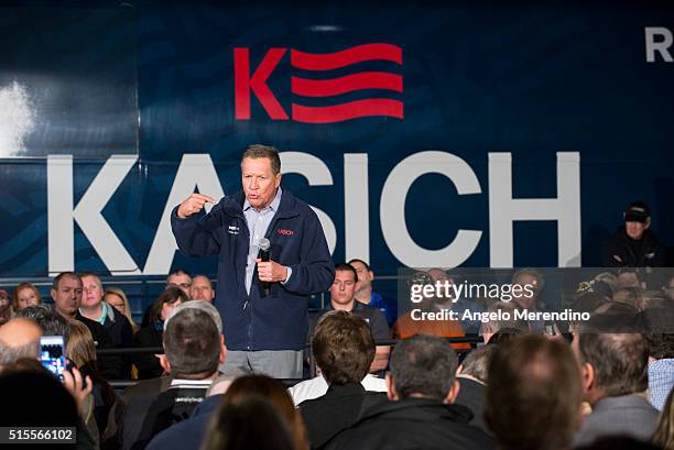 Republican presidential candidate Ohio Gov. John Kasich speaks to supporters at a town hall meeting at Brilex Industries, Inc. On March 14, 2016 in...
