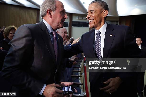 President Barack Obama greets State Department staff after addressing the Chief of Missions Conference in the Dean Acheson Auditorium at the Harry S...