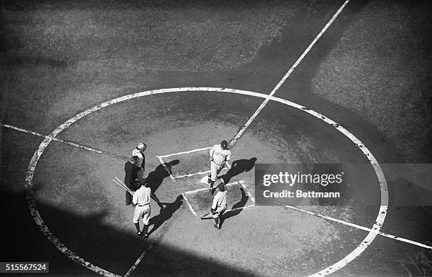 Babe Ruth crossing home plate after hitting home run in 1st inning of 4th game 1926, World Series vs St. Louis Cardinals.