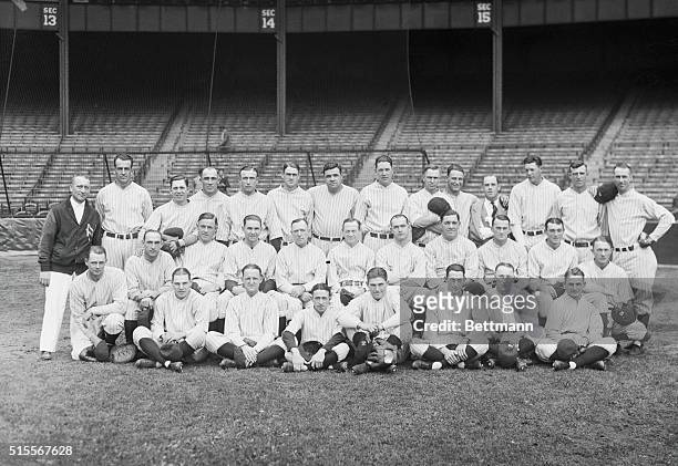 The New York Yankees. Bronx, New York: The New York Yankees as they appeared lined up before World Series games with St. Louis Cardinals. Left to...