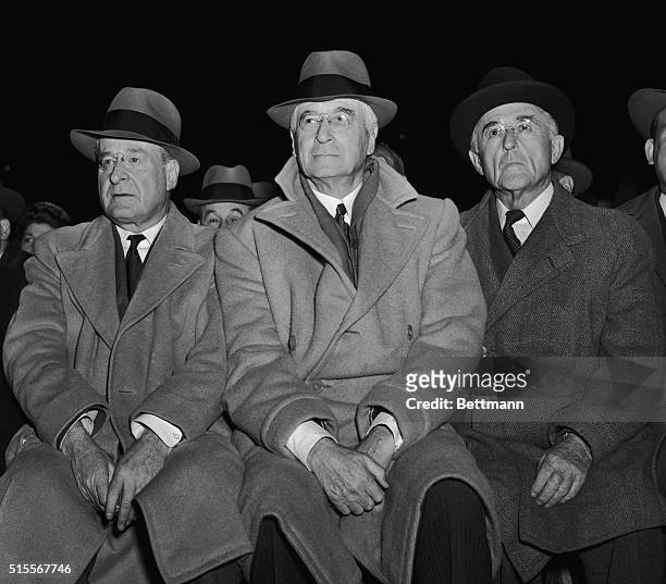 At the Fight. New York: Left to right, Herbert B. Swope, Bernard Baruch, and Conde Nast attended the Louis-Nova fight, September 29.