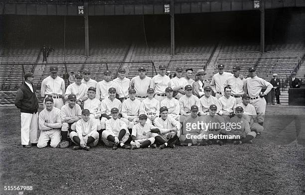 Standing left to right is: Doc Woods, Roy Carlyle, Walter Beall, Ben Paschal, Sam Jones, Earl Combs, Babe Ruth, Herb McQuade, Hank severd, Lou...