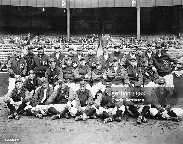 Photo shows the New York Yankees, who will play the St. Louis Cardinals in the World Series starting this coming Saturday, Oct. 2nd. Left to right,...